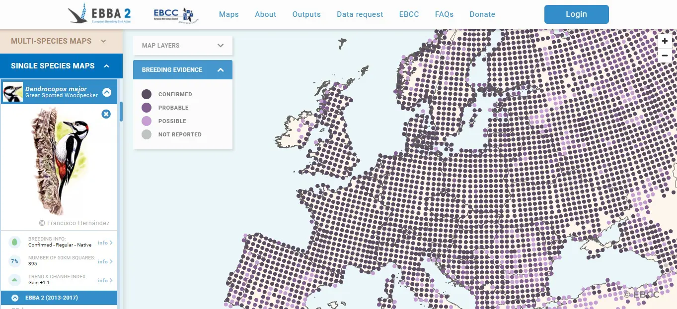 Map of great spotted woodpecker breeding locations in Europe